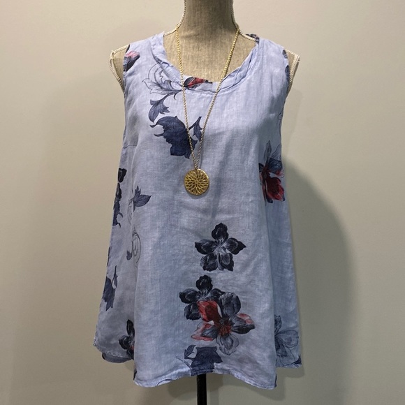 Made In Italy Linen Blue Floral Tank Top Size Medium - Picture 4 of 12